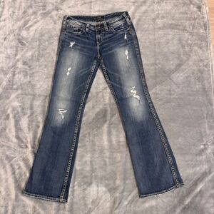 Silver Jeans Co Womens Aiko Flap Bootcut Jeans Medium Wash Distressed Size 28